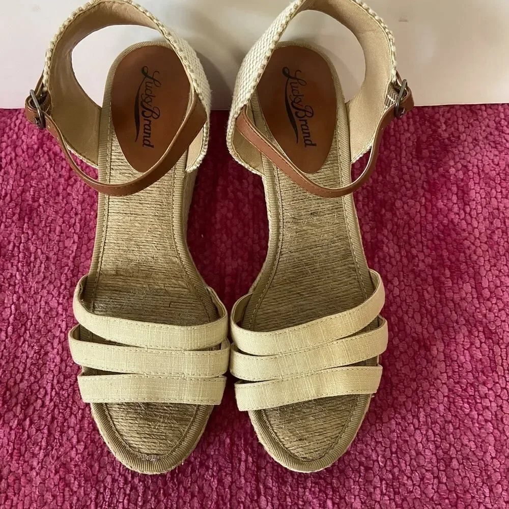 Lucky Brand Kylo Wedge Espadrille Sandals Linen Tan Size 8